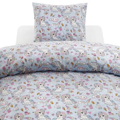 Enhörning Blå Barn Bäddset Enkeltäcke 150x210 Borganäs of Sweden