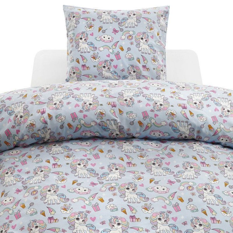 Enhörning Blå Barn Bäddset Enkeltäcke 150x210 Borganäs of Sweden