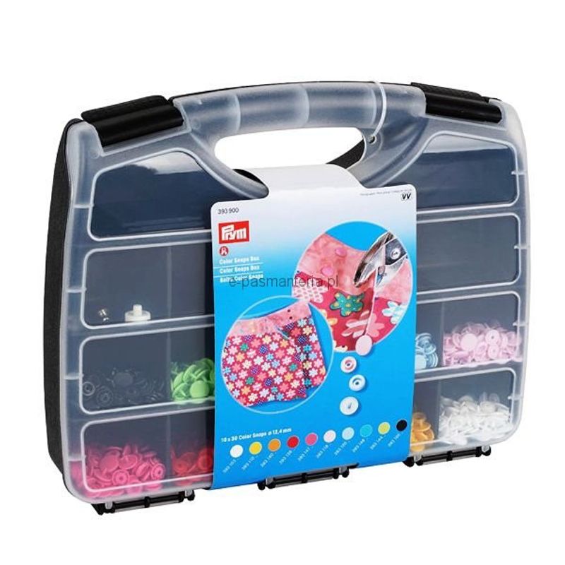 Color Snaps box med 10 olika färger och ett verktyg för fastsättning, tillbehör prymtång, prym sybehör.