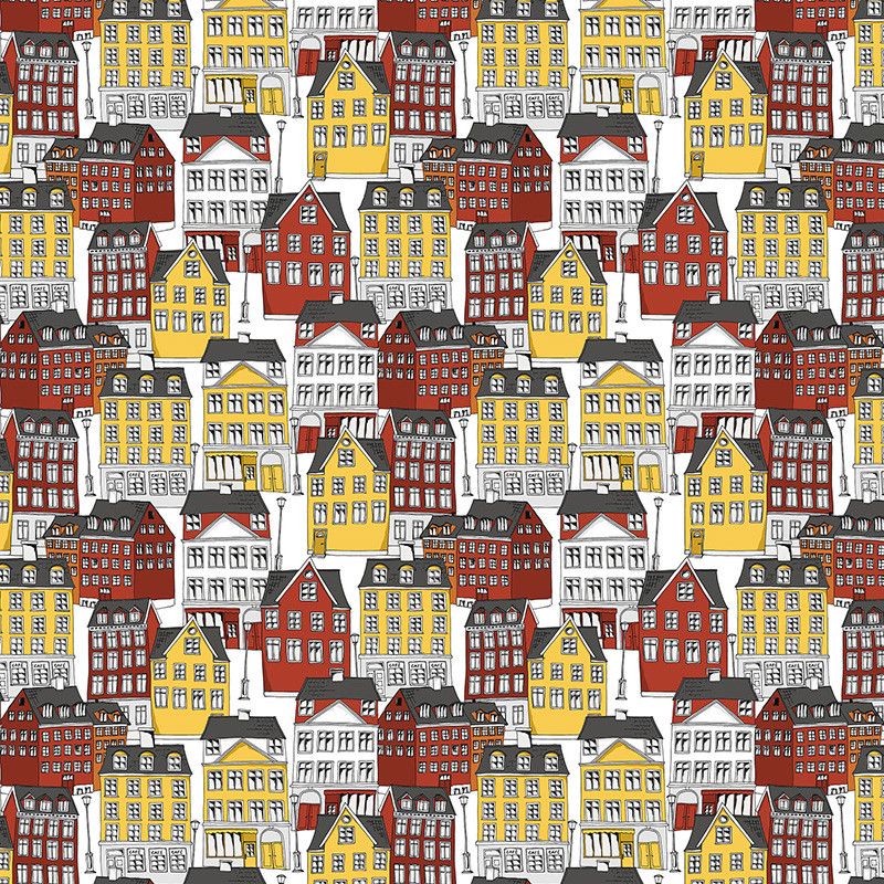 Curtain in the fabric Gamlastan maroon with wonderful pattern with buildings and houses - pinkhousefabrics.com
