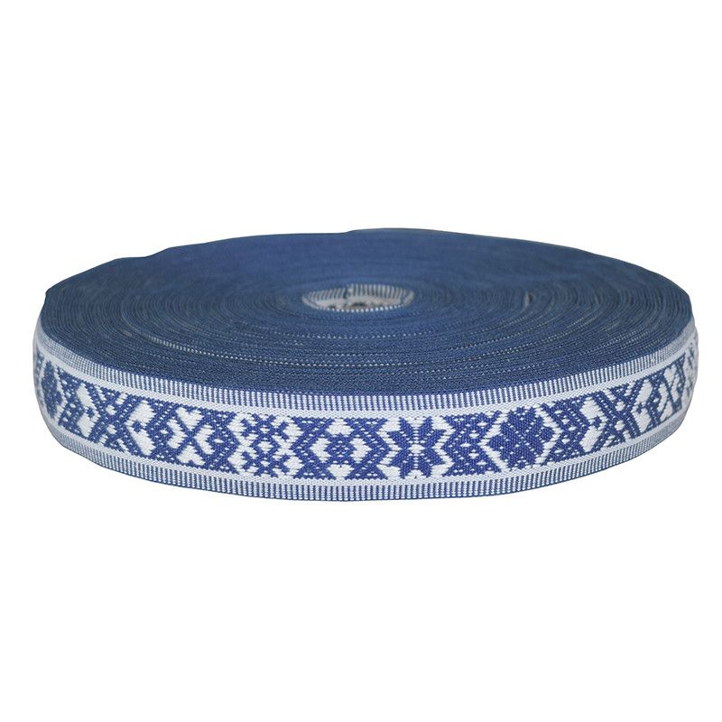 Hemslöjdsband Allmoge blå bomullsband för dekoration i hemslöjds stil i blått och vitt, tillverkade i Sverige.