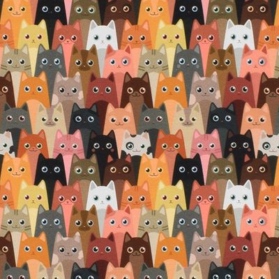 Colorful cats - Digitaltryckt tyg i bomull med en massa katter i mustiga färger, en hel kattfamilj för katt älskaren GOTS certifierad textil.