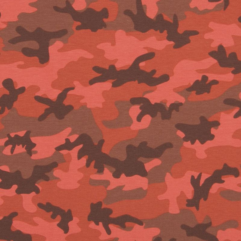 Trikåtyg med camouflage mönster i orange och röda nyanser jerseytyg metervara