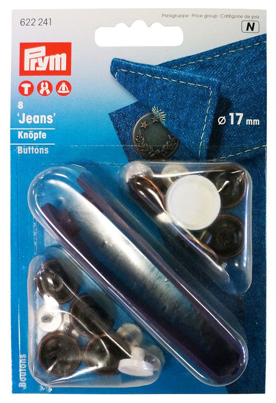Jeans knappar 8 st i förpackningen prymtång, kvalitets sybehör från Prym, laga dina byxor själv.
