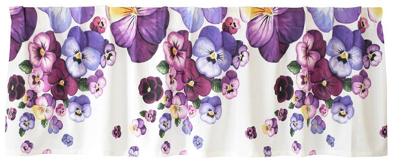 Gardinkappa på metervara med offwhite botten och violer i plommon och lila från Arvidssons Textil