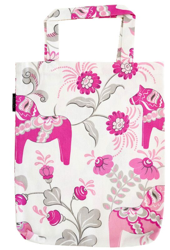 Tygkasse Leksand rosa med dalahästar och kurbits från Arvidssons Textil.