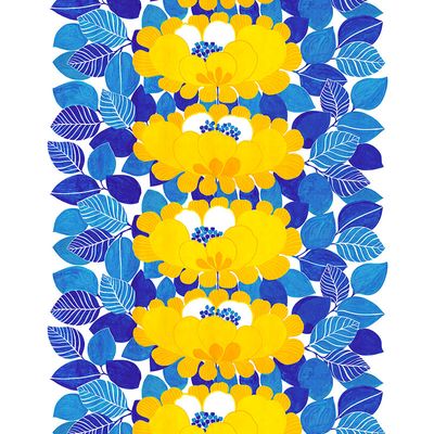 Gardin i Solblomma blå tyg med stort mönster av gula blommor och blå blad - rosahuset.com