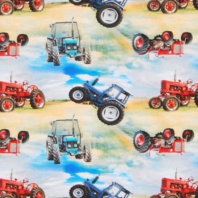 Digitaltryckt ekologisk trikå tyg med mönster av ängar och himmel med traktorer.