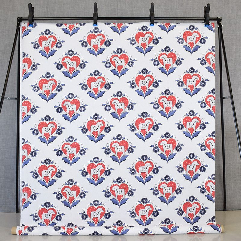 Curtain fabric Dalahjärtan red with hearts and dala horses in red and blue - pinkhousefabrics.com