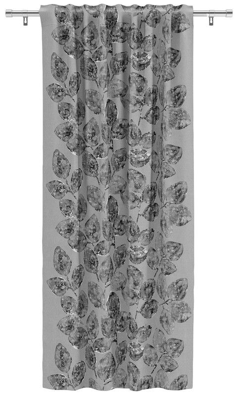 Gardin Sorpresa grå-grå med grå botten och stort mönster av grå blad, design Teija Bruhn för Arvidssons Textil.