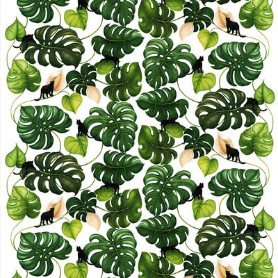 tyg på metervara med vit botten i bomull med katter och gröna blad från Arvidssons textil.