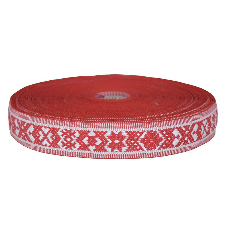 Hemslöjdsband Allmoge röd bomullsband för dekoration i hemslöjds stil i rött och vitt, tillverkade i Sverige.