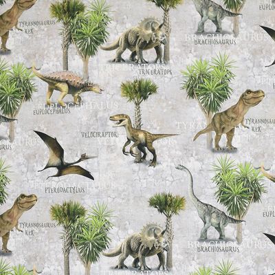 Velociraptor gardin och inrednings tyg med motiv av dinosaurier på metervara finns online hos rosahuset.com.