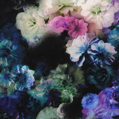 Digitaltryckt trikåtyg med blå och lila blommor på mörk botten.