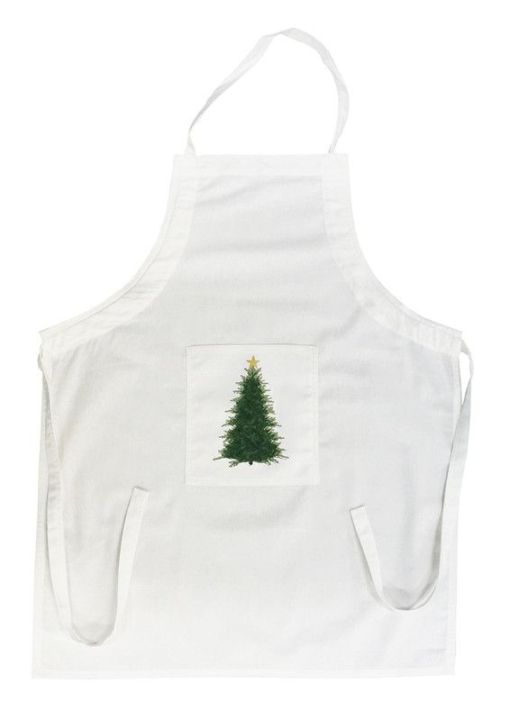 Christmas vit förkläde med vit botten och tryck av en gran från Redlunds textil.