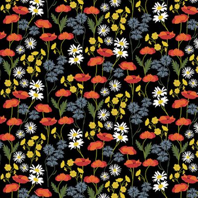 Tyg Ängsblommor svart metervara med små blommor och blad- Rosahuset.com