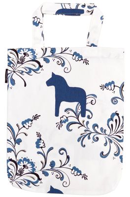 Tygkasse med blå dalahästar och grå kurbits från Arvidssons Textil.