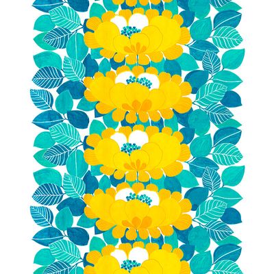 Gardin i Solblomma turkos tyg med stort mönster av gula blommor och turkosa blad - rosahuset.com