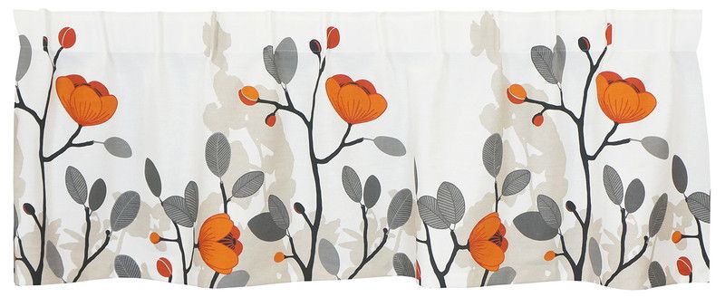 Gardinkappa på metervara med grå blad och orange blommor från Arvidssons Textil.