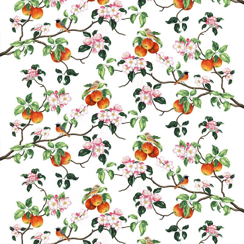 tyg på metervara med vit botten i bomull med rosa blommor och äpplen från Arvidssons textil.