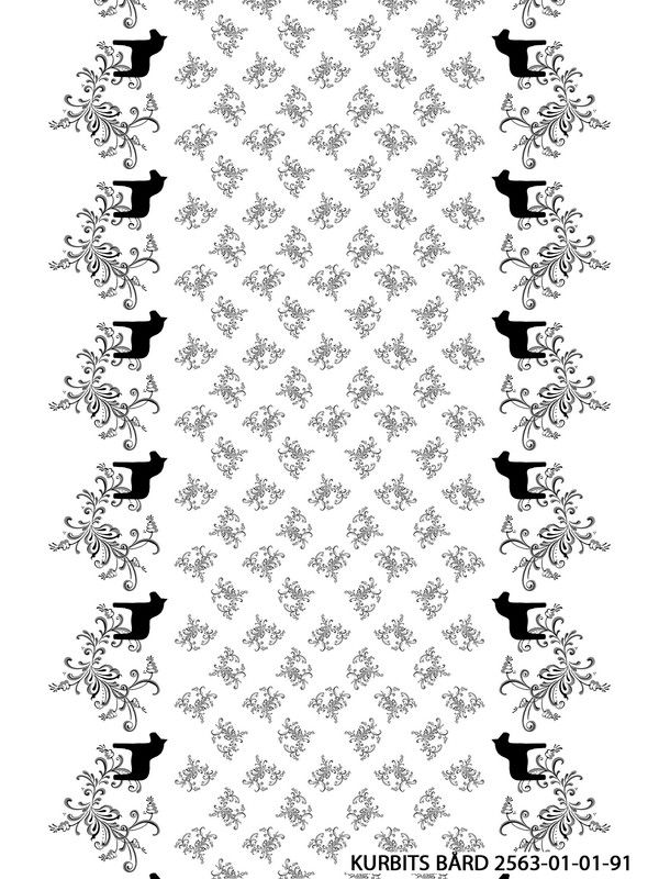 Kurbits bård vit-svart med dalahästar och kurbits från Arvidssons textil