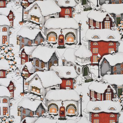 Tyg på metervara Lyckeby röd med julmotiv av hus och stugor - Rosahuset.com