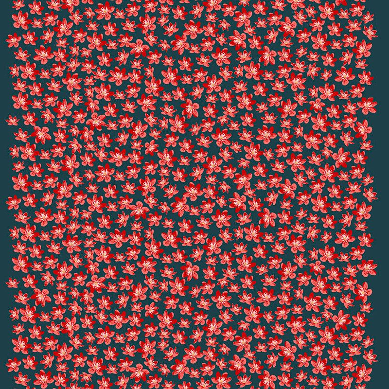Textil med grå botten och röda små blommor på metervara, Arvidssons textil, design Björk-Forth.