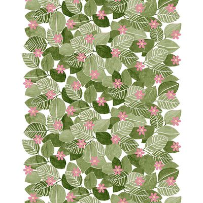 Gardinläng i  Denice rosa tyg på metervara med vit botten och gröna löv och rosa blommor - Rosahuset.com
