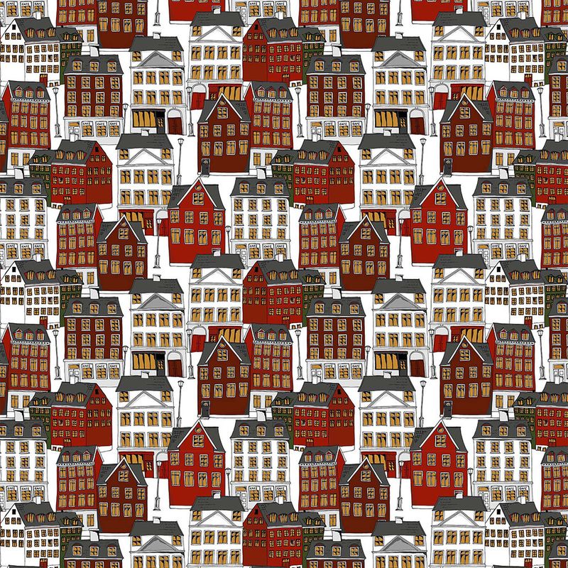 Fabric Gamlastan maroon with wonderful pattern with buildings and houses - pinkhousefabrics.com