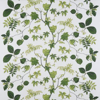 Vacker avtorkningsbar textilvaxduk på vit botten med grönt bladmönster
