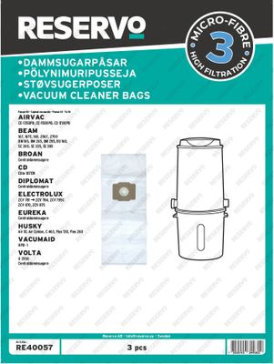 Centraldammsugarpåsar Airvac, Beam, Broan, CD. Diplomat, Electrloux, Eureka, Husky, Vacumaid, Volta