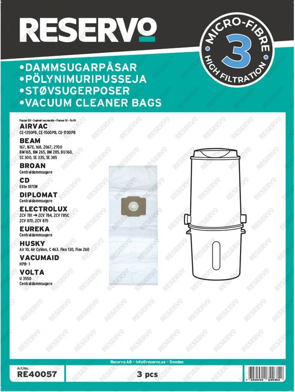 Centraldammsugarpåsar Airvac, Beam, Broan, CD. Diplomat, Electrloux, Eureka, Husky, Vacumaid, Volta
