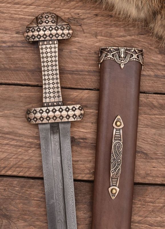 Exklusivt Vikingasvärd med bronshandtag i Damascus stål & slida