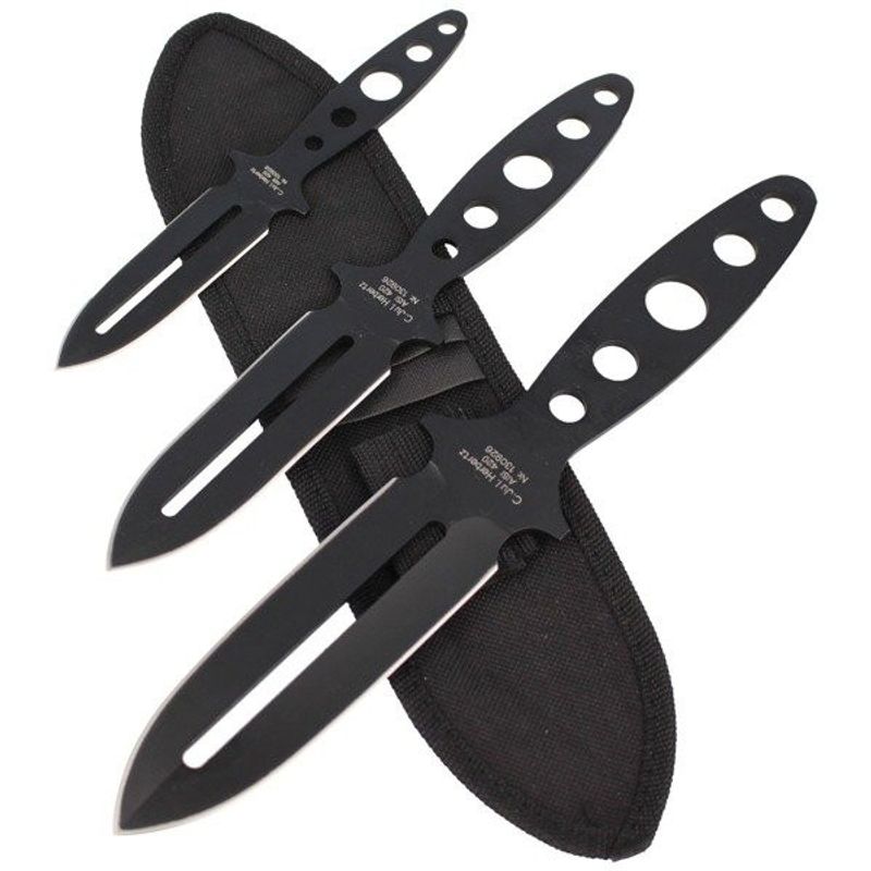 3 set svarta kastknivar med nylonfodral