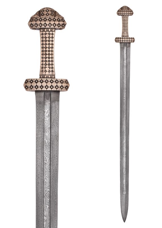 Exklusivt Vikingasvärd med bronshandtag i Damascus stål & slida
