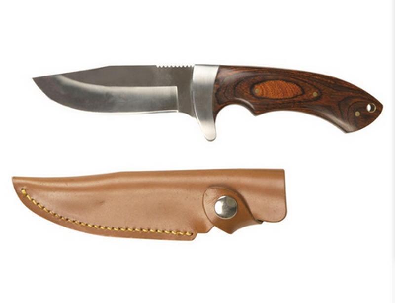 Miltec jaktkniv med trähandtag och läderslida