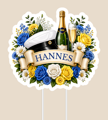 Caketopper student blå-blommor med namn