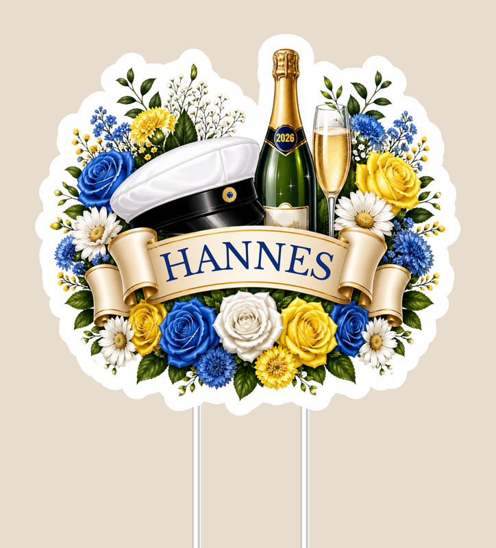 Caketopper student blå-blommor med namn