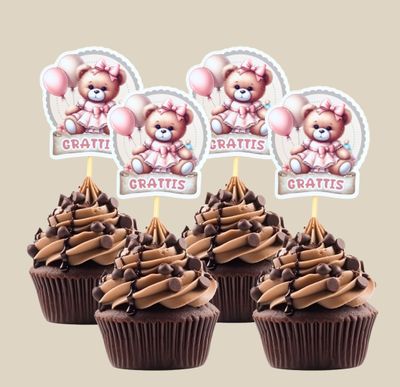 Cake Picks Nalle rosa Grattis