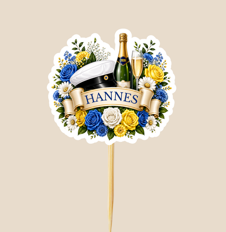Cake Picks student blå blommor med namn