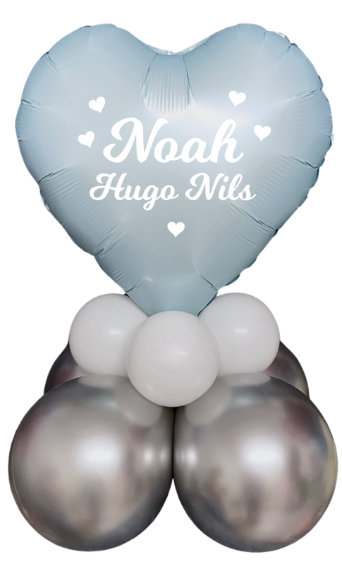 Ballongdekoration hjärta Dop 3 namn Blå