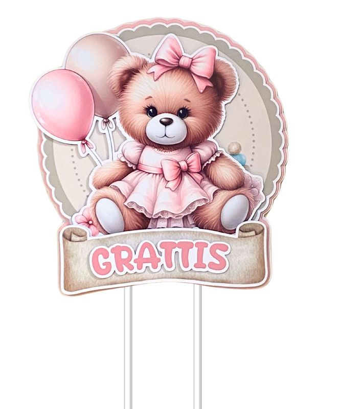 Caketopper Nalle Rosa Grattis