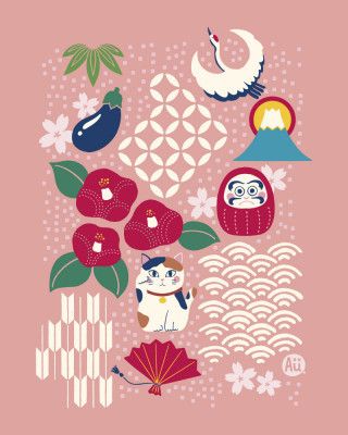 Enchanting New Year Trove [sweet pink] Japanese Lucky Symbols – Modern Minimal Illustration with Maneki Neko and Daruma