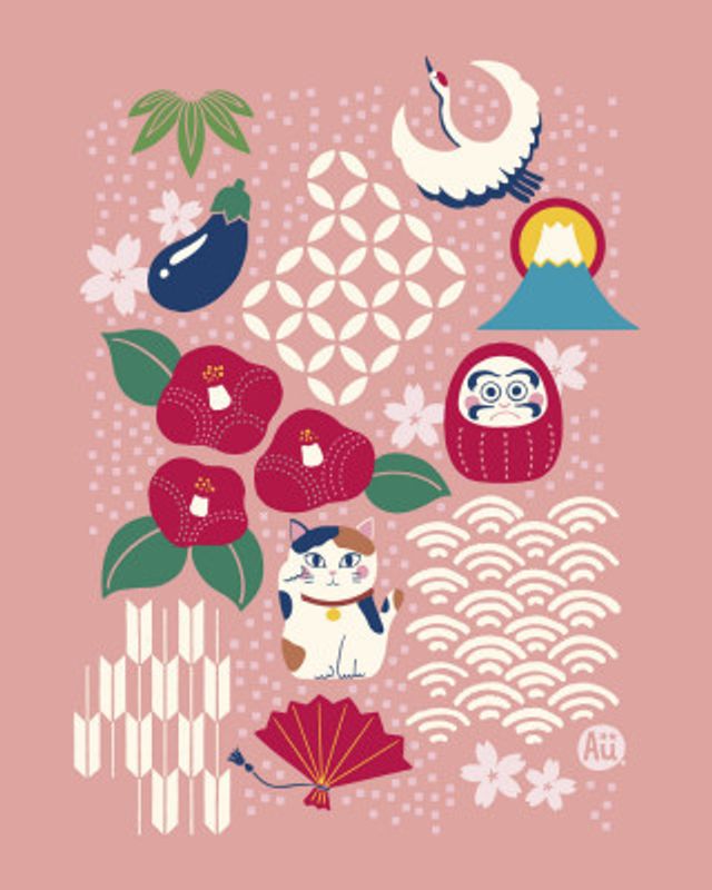 Enchanting New Year Trove [sweet pink] Japanese Lucky Symbols – Modern Minimal Illustration with Maneki Neko and Daruma