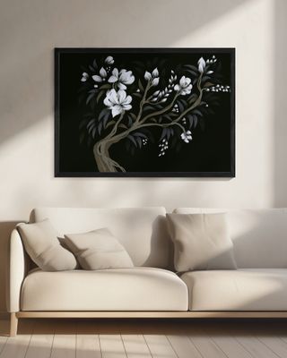 Chinoiserie White Blossom Tree with Elegant Gold Leaves on Blue Background