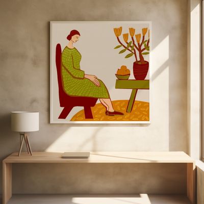 Woman sitting with pot plant