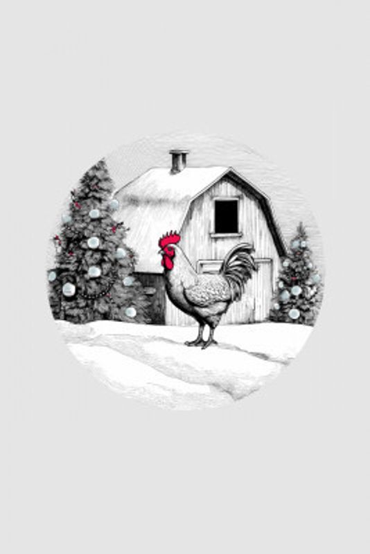 Winter Scenes: Holiday Rooster With Barn On Snow and Christmas Trees 1