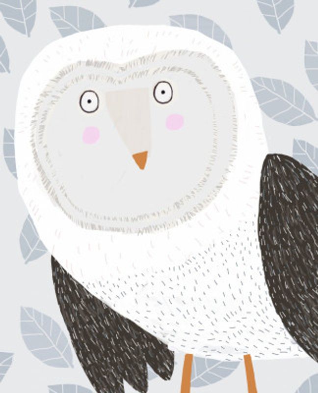 Funny Winter Owl with Grey Leaf Pattern by Artist Carla Daly