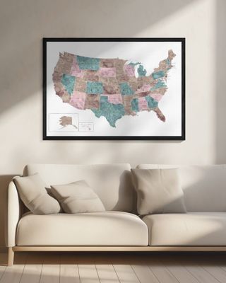 Pink and teal watercolor map of the US