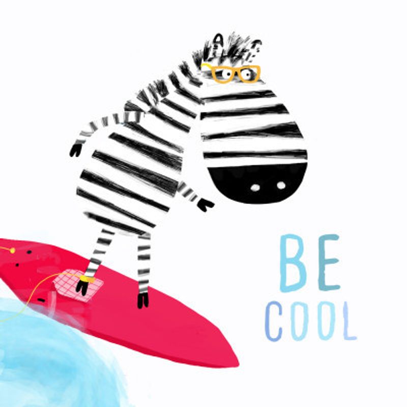 Be Cool! Cute Zebra Surfing the Waves by Illustrator Carla Daly